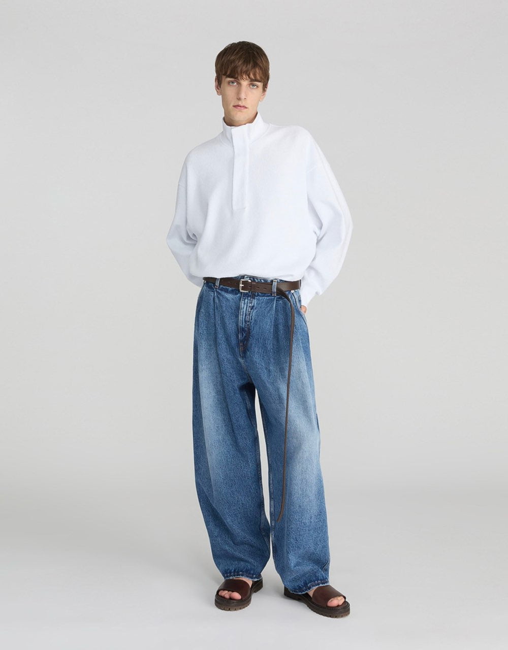 Washed Denim Pleats Pants