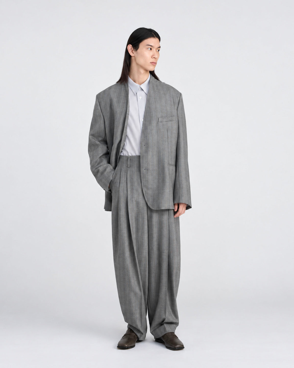 GREY STRIPE COLLARLESS JACKET